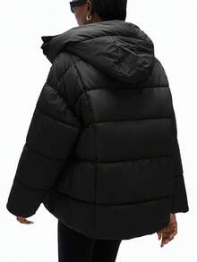 Aveloria GENKIRA 秋冬棕色简约百搭高端复古设计纯色连帽时尚宽松休闲棉服女大衣 - 黑色 - 查看 2