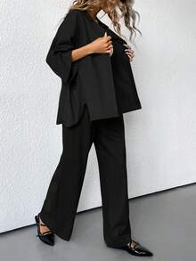 Aveloria Modichic 2 件套女士混纺侧开衩宽松衬衫和高腰阔腿裤优雅商务休闲女装 - 黑色 - 查看 5