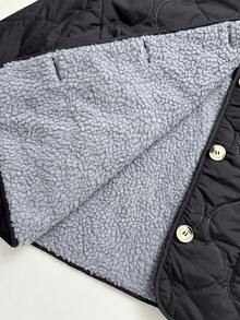 Elamini 女士优雅休闲通勤百搭拼色仿羊毛圆领长袖棉质夹克，适合秋冬季 - 黑色 - 查看 8