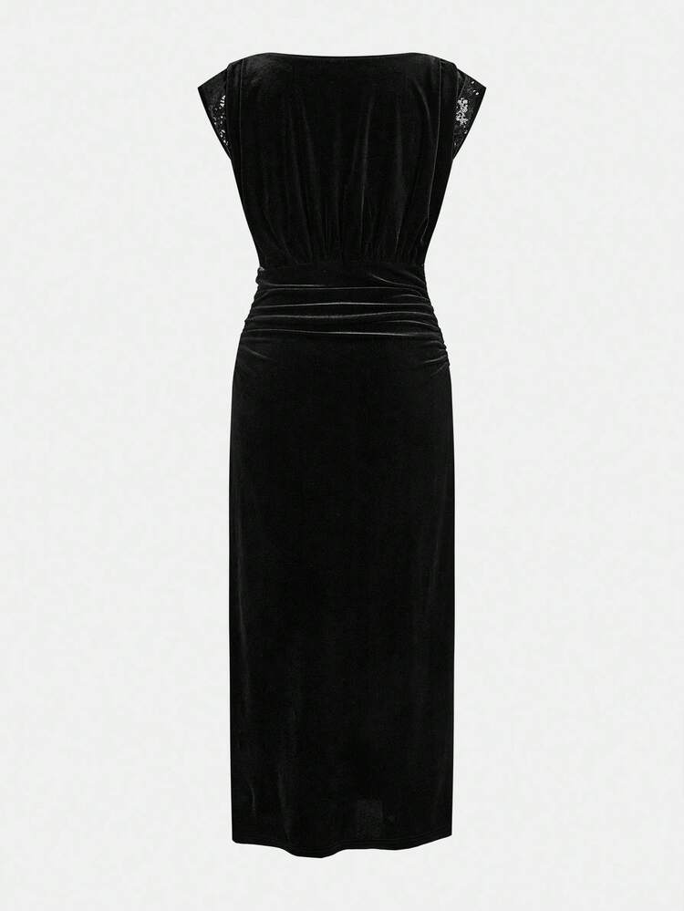 SHEIN Maija Black Velvet Elegant Sleeveless Padded Shoulder Fitted Long Dress, Suitable For Party, Gathering, Christmas, Wedding Long Party Dress Dress For Wedding Guest Elegant Dresses For Women Summer Dresses For Women Shiny Dress  Women Dresses Autumn Winter Cozy Lack Dress Stylish Clothing Collection