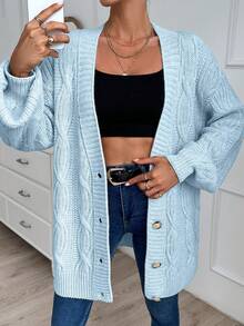 EURMUSE Women Cable Knit Detailed Oversize Cardigan - Baby Blue - View 5