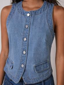 COSMINA Denim Women's Blue Color Round Neck Front Button Casual Sleeveless Denim Top - Baby Blue - View 7