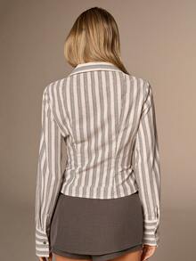 SHEIN Forever 21 Áo sơ mi dài tay kẻ sọc thường ngày dành cho nữ, mùa thu - trắng - Xem 2