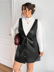 SHEIN Frenchy 加大码女式黑色 PU 肩带黑色无袖连衣裙，金属纽扣装饰，时尚百搭黑色套头连衣裙，适合日常穿着 - 黑色 - 查看 4