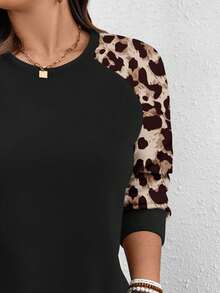 EMERY ROSE Plus Size Women's Black,Autumn,Casual,Night Out Club Leopard Print Patchwork Raglan Sleeve Sweatshirt Dress,Fashion Street Fitted Cheetah Animal Print - Multicolor - View 6