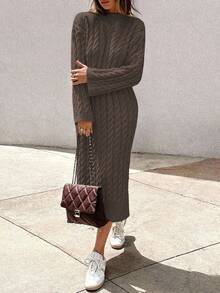 EURMUSE Women's Knitwear Long Dress With Cable Pattern,Petite - Mocha Brown - View 4
