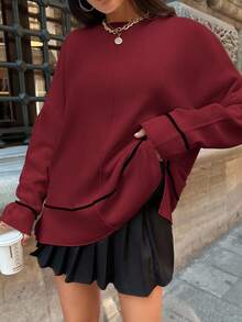 EURMUSE Women's Solid Color Crew Neck Casual Long Sleeve Sweater - Burgundy - View 4