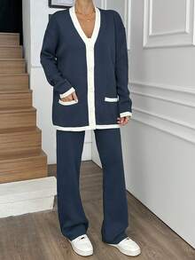 EURMUSE Women Simple Solid Color Patchwork Front Button Long Sleeve Top And Pants Two Piece Set, Casual - Navy Blue - View 3