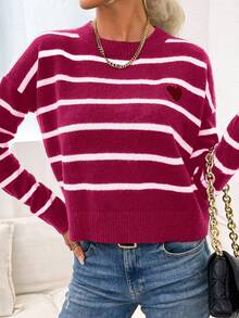 Cloudara Striped & Heart Pattern Drop Shoulder Sweater - Hot Pink - View 6