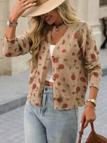 Brillora Cárdigan casual de mujer con estampado retro all-over, otoño - Albaricoque - Ver 2