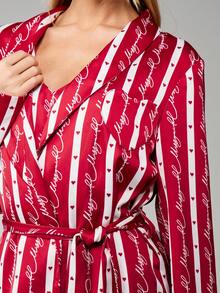 MISSGUIDED Christmas Holiday Striped Lounge Robe With Hearts And Script Print Belt Tie Closure
