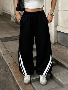 INAWLY Women's Loose Fit Striped Thermal Lined Sweatpants - Black - View 5