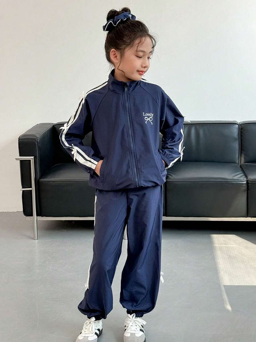 SHEIN 2 件套青少年女孩刺绣蝴蝶结装饰高领长袖夹克 + 蝴蝶结装饰锥形裤套装 - 寶藍色 - 查看 1