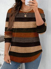 EMERY ROSE Christmas Striped Print Casual Versatile Plus Size Women Crew Neck Loose Long Sleeve Sweatshirt, Autumn/Winter Brown Long Sleeve - Multicolor - View 4