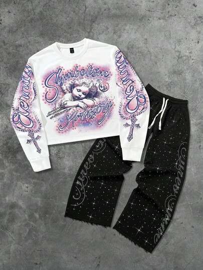 Street Life 2pcs Men Renaissance Angel Print Matching Rhinestone Embellished Hoodie & Sweatpants Set, Suitable For Autumn/Winter