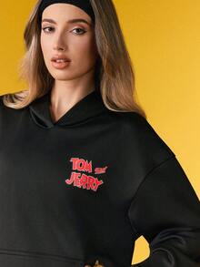 TOM & JERRY X SHEIN Women's Casual Letter & Cartoon Print Hoodie And Shorts 2 Pieces Set, Autumn - Black - View 4