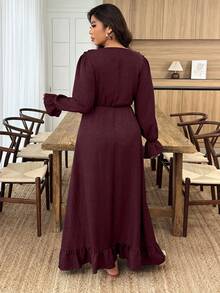 Weeklong Plus Size Women Solid Color Ruffle Trim Front Tie Long Sleeve Elegant Dress - Burgundy - View 2