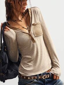 Bohemela 休闲纯色V领长袖修身女式T恤