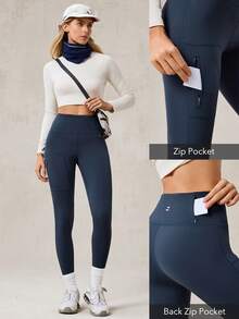 OutZeal 女式吸湿排汗收腹拉链口袋户外紧身裤徒步露营秋冬 - 藏蓝色 - 查看 4