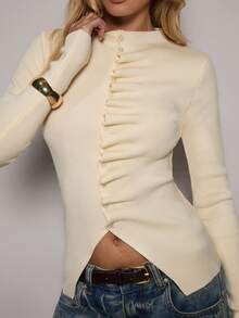 SHEIN BAE Áo khoác cardigan nữ dáng ôm, tay dài, màu trơn, cài một hàng khuy, xếp ly, mùa thu, mùa đông, áo len mùa đông cho nữ, áo len mùa đông cho nữ, Halloween, trang phục Halloween cho nữ, Giáng sinh, áo len Giáng sinh, Giáng sinh cho nữ, Năm mới, tiệc tùng, thanh lịch, thường ngày, áo len trễ vai màu nâu, áo len nâu bóng. - Màu be - Xem 7