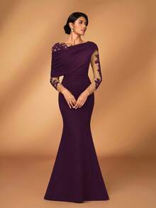 Serin 优雅浪漫奢华黑色弹力针织撞色网眼不对称荷叶边肩部美人鱼下摆连衣裙，适合晚会、单身派对、约会、舞会、度假、婚礼、新娘母亲礼服 - 紫色 - 查看 4