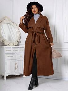 SHEIN Clasi 秋季大码休闲纯色翻领斜口袋大衣 - 棕色 - 查看 5
