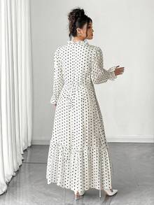 Elenzga 大码女式优雅V领波尔卡圆点长袖连衣裙 - 白色 - 查看 2