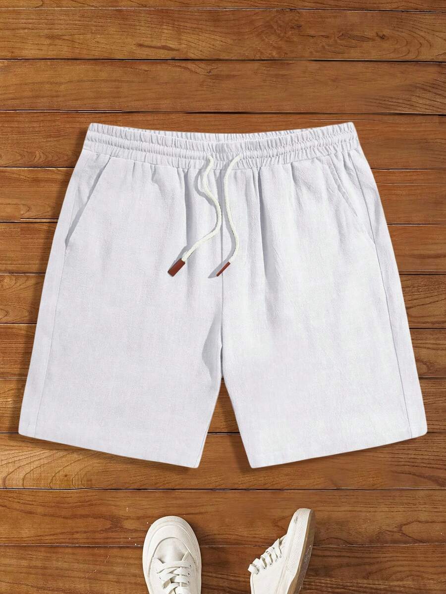 Manfinity NXTstreet 男士休闲编织中腰抽绳直筒短裤，适合日常穿着，2000 年代风格 - 白色 - 查看 1