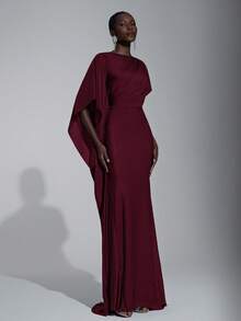 Elitara Elegant Luxurious Navy Blue Satin Ruffle Sleeve Sexy Slit Fishtail Bridesmaid Dress