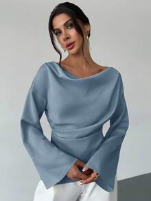 Firerie Áo sơ mi công sở màu mơ, cổ thuyền, tay loe, eo xếp ly, tối giản, thanh lịch, chất liệu satin, cổ áo bất đối xứng, tay chuông, thích hợp mặc đi làm hàng ngày. - Màu xanh bụi bặm - Xem 8
