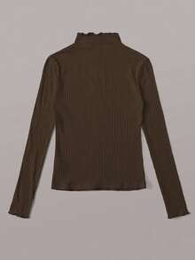 SHEIN EZwear Kaos Kasual Lengan Panjang Kerah Tegak Rajut Bergaris Cokelat Kopi untuk Wanita Ukuran Besar Musim Gugur - Coffee Brown - View 2