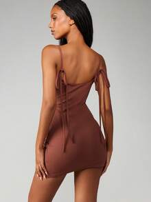 MISSGUIDED Diamante Rose Print Cowl Neck Bodycon Mini Dress Side Tie Detail Evening Party - Camel - View 2