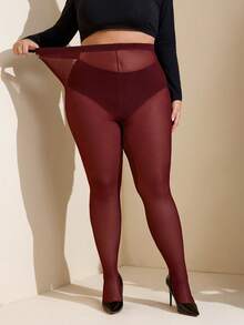 SHEIN CURVE+ Plus Size Burgundy, Cherry Red, Maroon Color Sheer Leggings, Tight Bodycon Leggings, Pantyhose, Fitted, Plain, Women's Basic, Western Women's, Summer, Tight, Easter, Spring, Mardi Gras/Mardi Gras, Valentine's Day, Valentine's Gifts, Sexy, Y2K, Fashionable, Rave, Music Festival - Red - View 4