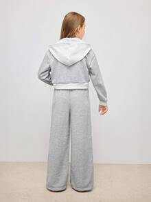 Bộ áo hoodie có khóa kéo thời trang xuân thu đông cho bé gái, áo khoác có mũ màu trắng tương phản và quần ống rộng, quần có cạp chun màu trắng đặc biệt, in chữ "NEW YORK" thời trang cổ điển, phù hợp mặc ở nhà và dạo phố - Nhiều màu - Xem 2