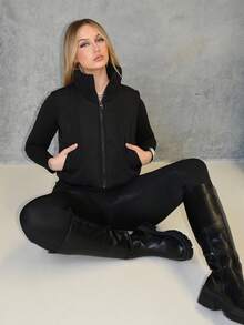 Arliah Winter Zip Up Double Face Snap Button Corduroy Drawstring Vest Coat - Black - View 6