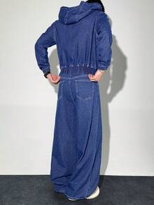 SHEIN Bolty 2Pcs Teen Boy Fashion Casual Y2k Vintage Cool Street Basic Simple Blue Denim Hooded Long-Sleeved Top And Loose Comfortable Jeans 2-Piece Set For Kids Clothes Teen Boy Dailywear And Kids Winter And Fall Rave Outfits Festival And Outfits Streetwear Clothes