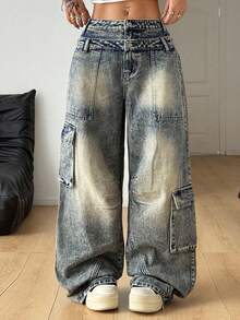 Coolane Women's Cargo Rapper Washed Grunge Jeans Y2k Oversized Jeans Old Money Baggy Jeans - Dark Wash - View 4