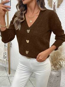 EMERY ROSE 女式金属装饰V领长袖休闲毛衣，秋冬 - 巧克力棕 - 查看 5