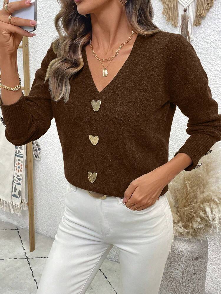 EMERY ROSE 女式金属装饰V领长袖休闲毛衣，秋冬 - 巧克力棕 - 查看 5