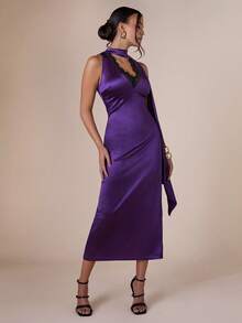 COSMINA Vestido elegante ajustado con cuello en V sin mangas y parches de encaje para mujer - Bold Plum - Ver 5