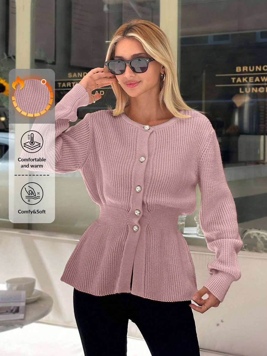 EURMUSE Women Solid Color Front Button Round Neck Cardigan,Cardigans,Long Cardigans Woman,Petite,Tall - Coral Pink - View 1
