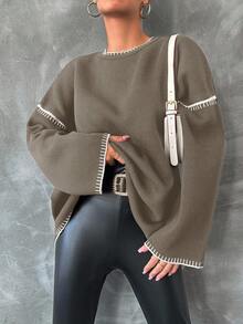 EURMUSE Women's Loose Fit Color Block Round Neck Sweater - Brown - View 5