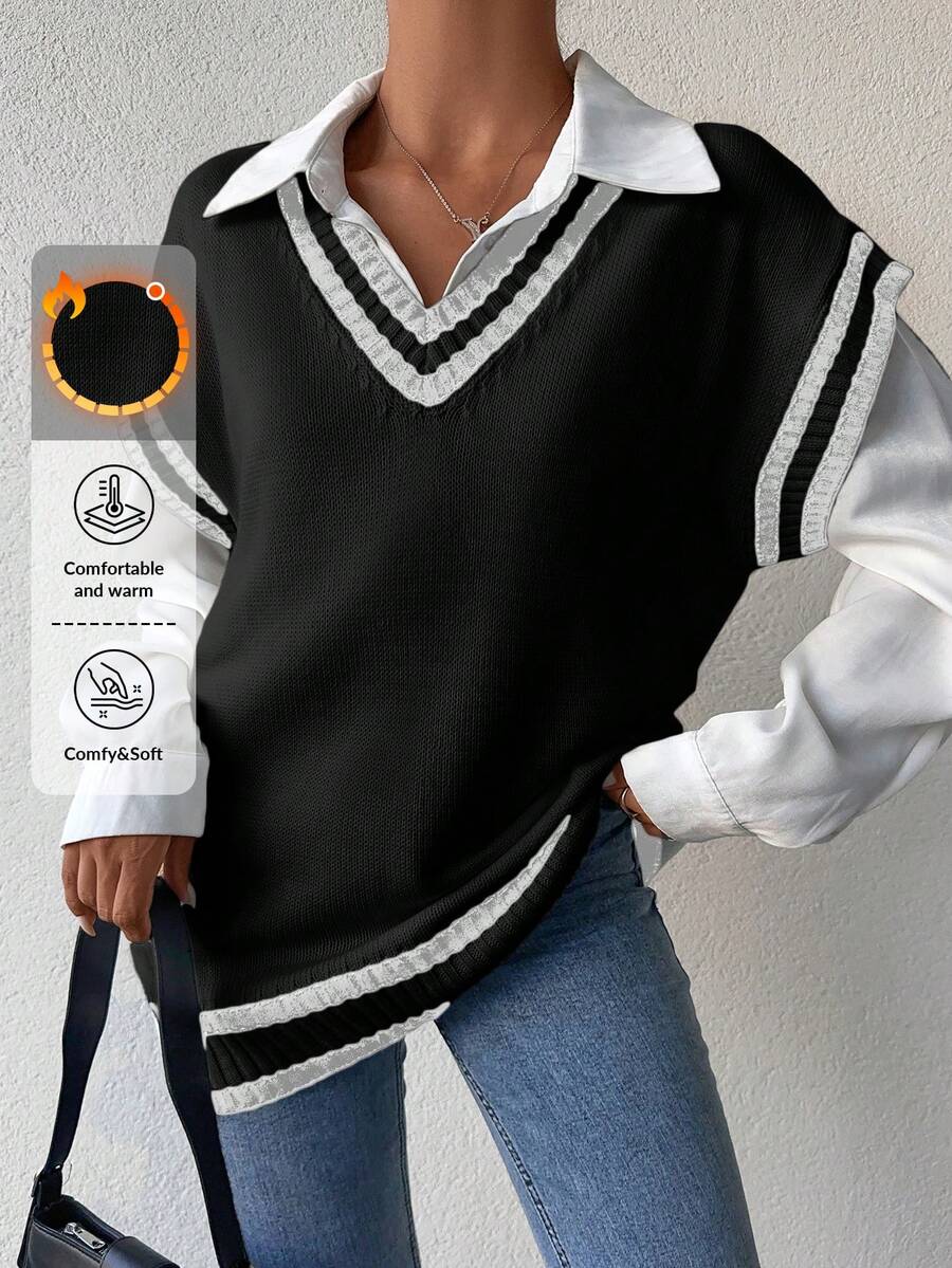 EURMUSE 1pc Striped V-Neck Sweater Vest For Women - Black - View 1