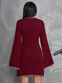 EURMUSE Women Color Block Sweater Dress With Striped Edges - Burgundy - View 4