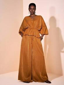 Zivah 2025夏初秋新款节日圣帕特里克节,西部风,游牧风,参加生日派对,毕业季,学院风,日常出游,基础款,百搭款,休闲度假,邮轮旅行,沙滩海边,晒太阳,流行街头风,休闲优雅通勤V领蝙蝠袖宽松荷叶边下摆上衣+宽松超长裤,橙红色褶皱亮丝面料女两件套-A - 亮橙色 - 查看 10