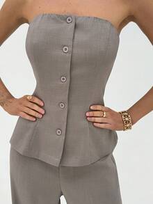 Aloruh Conjunto de traje de mujer gris moderno de oficina, sin tirantes, ajustado y recto - Caqui - Ver 7