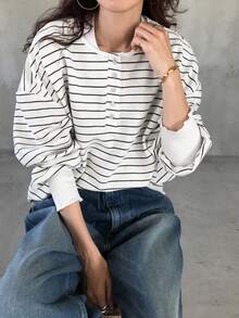 FRIFUL Women's Colorblock Striped Long Sleeve Loose T-Shirt