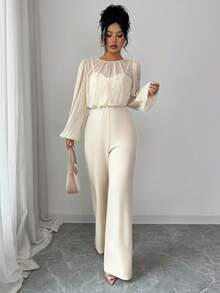 SHEIN Elenzya 优雅浪漫珍珠装饰腰部收紧面料拼接长袖圆领女式连体裤 - 杏色 - 查看 4