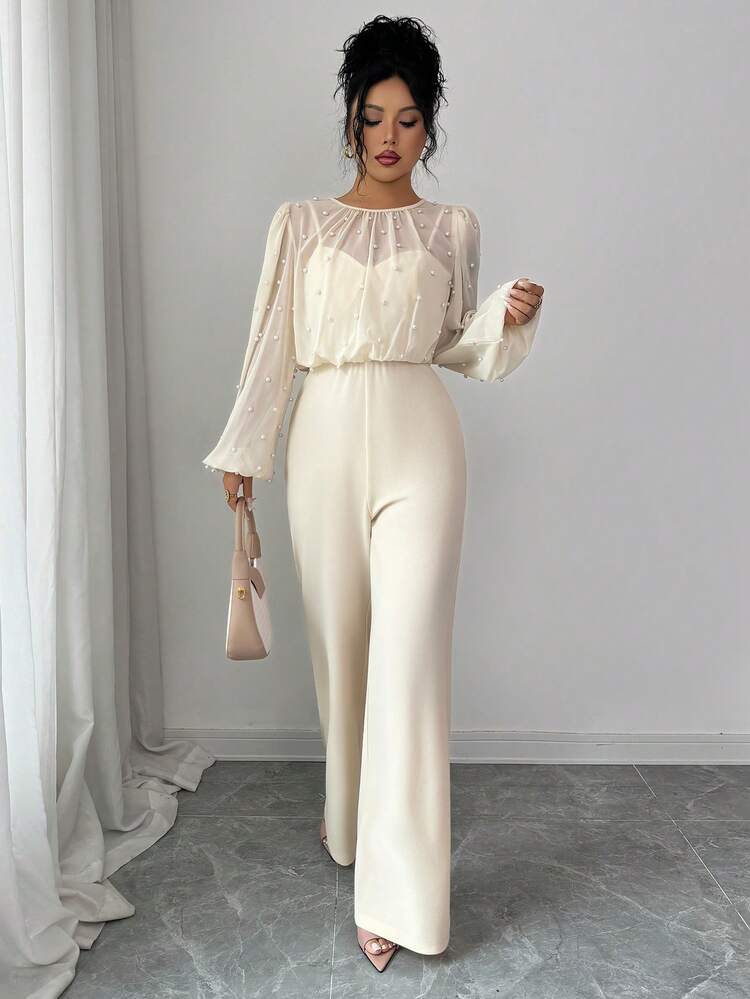 SHEIN Elenzya Elegancki, romantyczny kombinezon z perłowym zdobieniem w talii, z długim rękawem i okrągłym dekoltem, z materiału patchworkowego dla kobiet - Morela - Zobacz 4