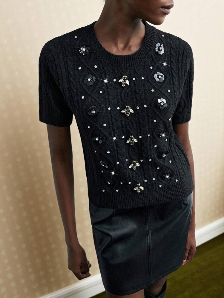 SHEIN Maija Damski, swobodny, dzianinowy top z krótkim rękawem, zdobiony cekinami i kryształkami